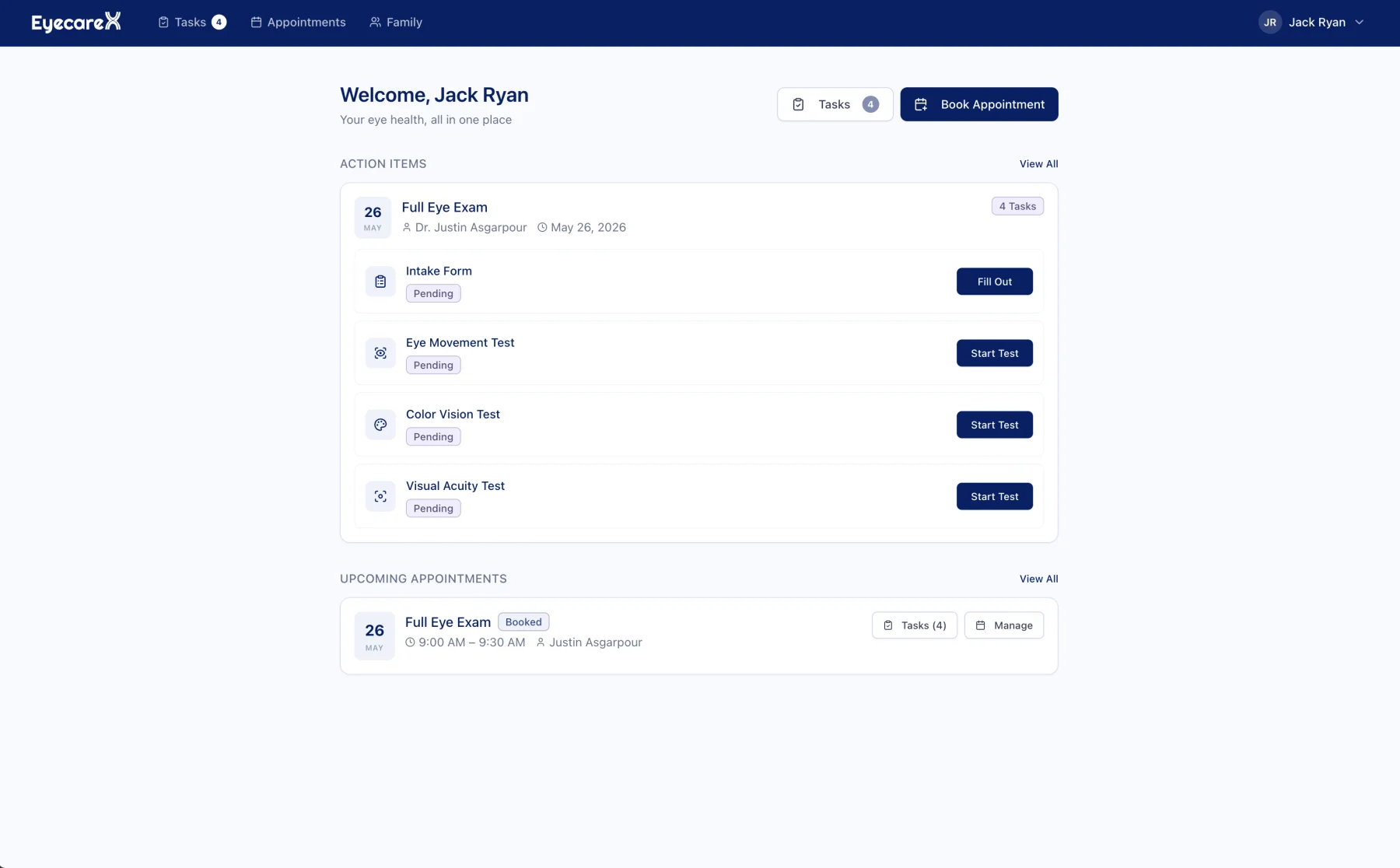 EyecareX patient portal showing an upcoming appointment reminder on a smartphone